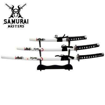 3-Piece White Dragon Samurai Katana Sword Set with Stand