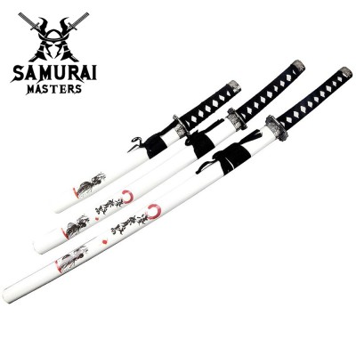 3-Piece White Dragon Samurai Katana Sword Set with Stand