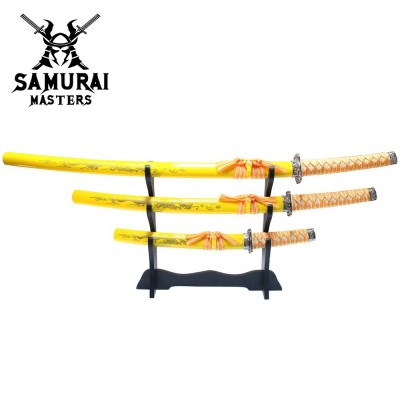 3-Piece Yellow Dragon Samurai Katana Sword Set with Stand