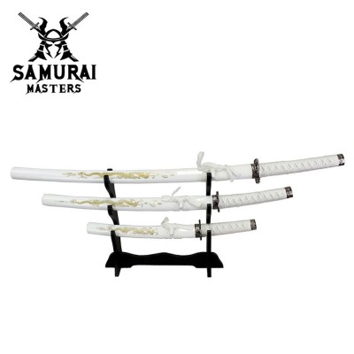 3-Piece White Dragon Samurai Katana Sword Set with Stand