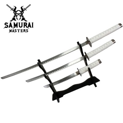 3-Piece White Dragon Samurai Katana Sword Set with Stand