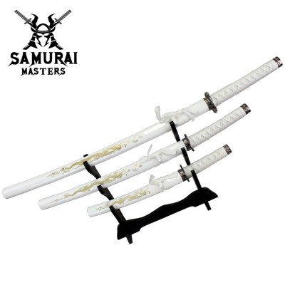 3-Piece White Dragon Samurai Katana Sword Set with Stand