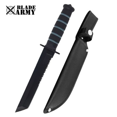 Tactical Hunting Knife with Serrated Tanto Blade and Nylon Sheath