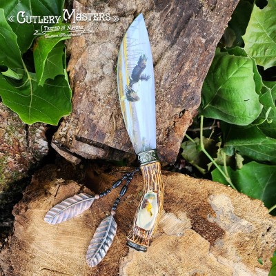 Native Bowie Premium Stainless Steel Blade with Eagle Design and Stand