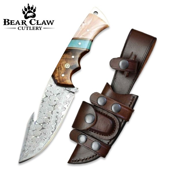 Voyager Damascus Gut Hook Knife with Exotic Rose Wood & Mother of Pearl Handle