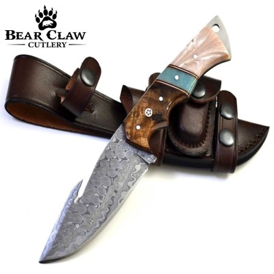 Voyager Damascus Gut Hook Knife with Exotic Handle & Sheath