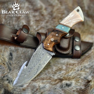 Voyager Damascus Gut Hook Knife with Exotic Handle & Sheath