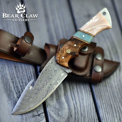 Voyager Damascus Gut Hook Knife with Exotic Handle & Sheath