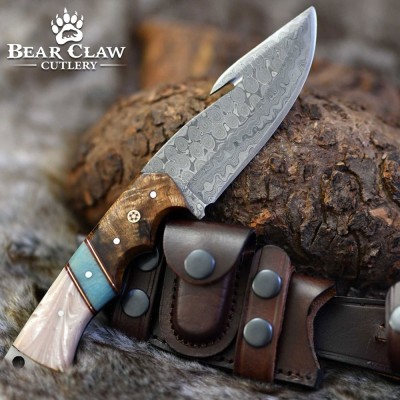 Voyager Damascus Gut Hook Knife with Exotic Handle & Sheath