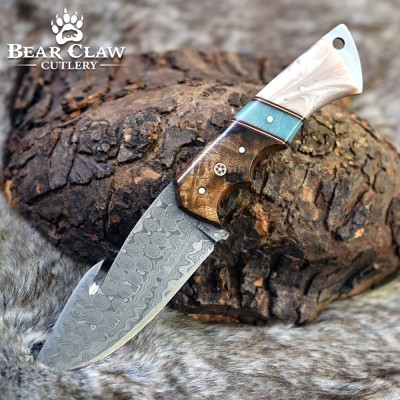 Voyager Damascus Gut Hook Knife with Exotic Handle & Sheath