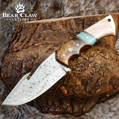 Voyager Damascus Gut Hook Knife with Exotic Handle & Sheath