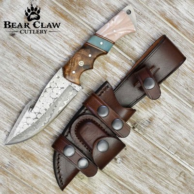 Voyager Damascus Gut Hook Knife with Exotic Handle & Sheath