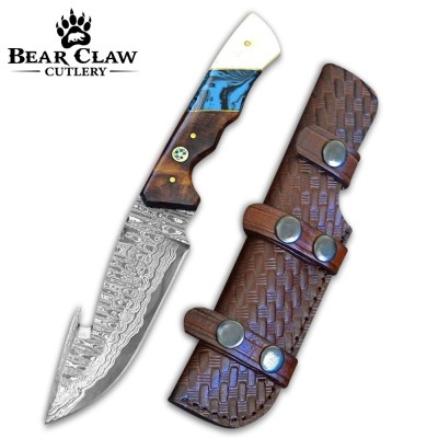 Hand-Forged Damascus Gut Hook Knife with Rosewood Handle