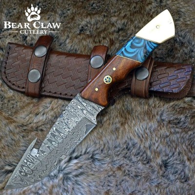 Hand-Forged Damascus Gut Hook Knife with Rosewood Handle