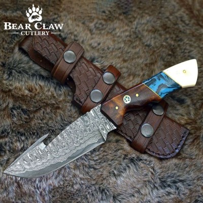 Hand-Forged Damascus Gut Hook Knife with Rosewood Handle