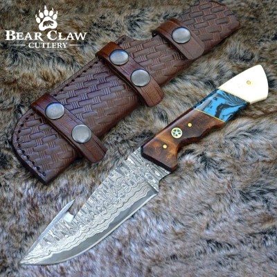 Hand-Forged Damascus Gut Hook Knife with Rosewood Handle