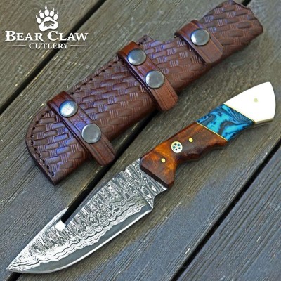 Hand-Forged Damascus Gut Hook Knife with Rosewood Handle