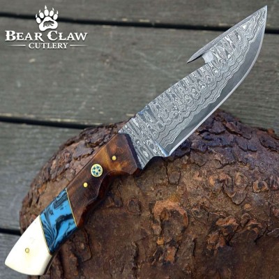 Hand-Forged Damascus Gut Hook Knife with Rosewood Handle