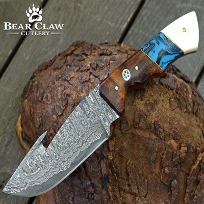 Hand-Forged Damascus Gut Hook Knife with Rosewood Handle