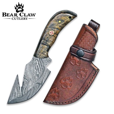 Damascus Gut Hook Knife with Ram Horn & Turquoise Handle