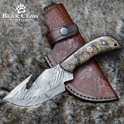 Damascus Gut Hook Knife with Ram Horn & Turquoise Handle