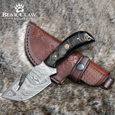 Damascus Gut Hook Knife with Ram Horn & Turquoise Handle