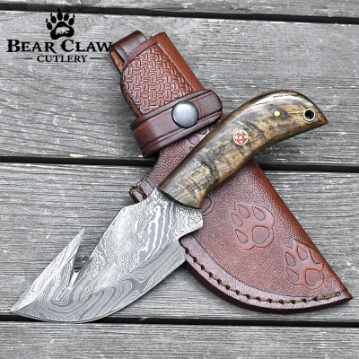 Damascus Gut Hook Knife with Ram Horn & Turquoise Handle