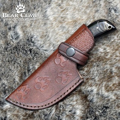 Damascus Gut Hook Knife with Ram Horn & Turquoise Handle