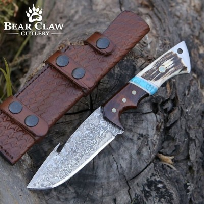 Thunder Damascus Gut Hook Knife | Stag Horn & Exotic Wood