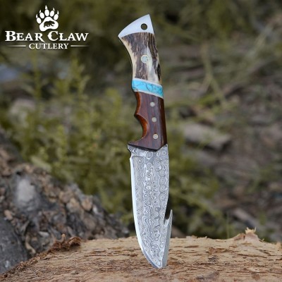 Thunder Damascus Gut Hook Knife | Stag Horn & Exotic Wood