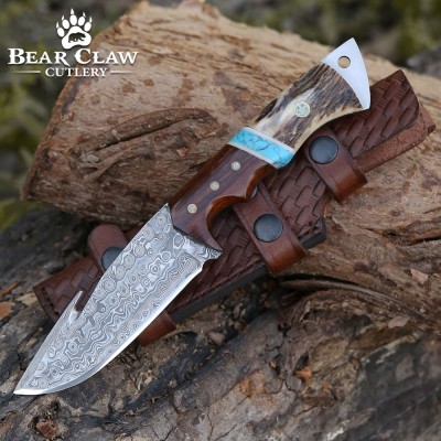 Thunder Damascus Gut Hook Knife | Stag Horn & Exotic Wood