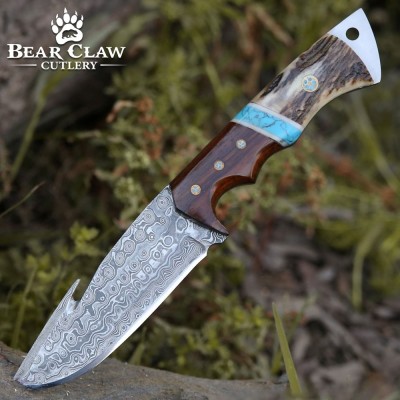 Thunder Damascus Gut Hook Knife | Stag Horn & Exotic Wood