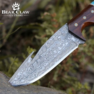 Thunder Damascus Gut Hook Knife | Stag Horn & Exotic Wood