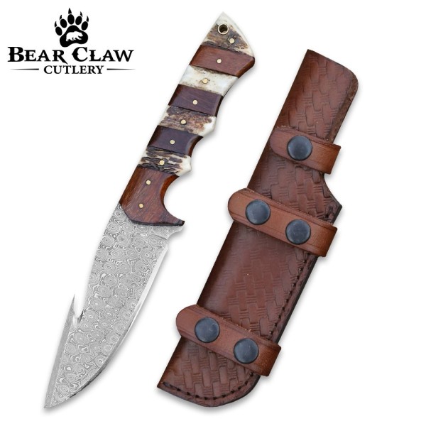 Sentinel Gut Hook Hunting Knife with Stag Horn & Exotic Rosewood Mosaic Handle
