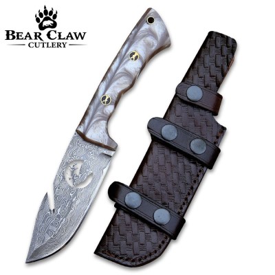 Fusion Gut Hook Hunting Knife | Damascus Steel & Pearl Handle