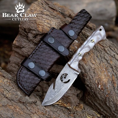 Fusion Gut Hook Hunting Knife | Damascus Steel & Pearl Handle