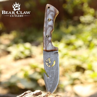 Fusion Gut Hook Hunting Knife | Damascus Steel & Pearl Handle