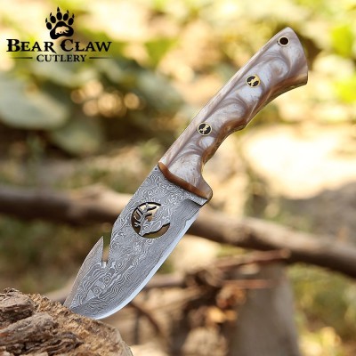 Fusion Gut Hook Hunting Knife | Damascus Steel & Pearl Handle