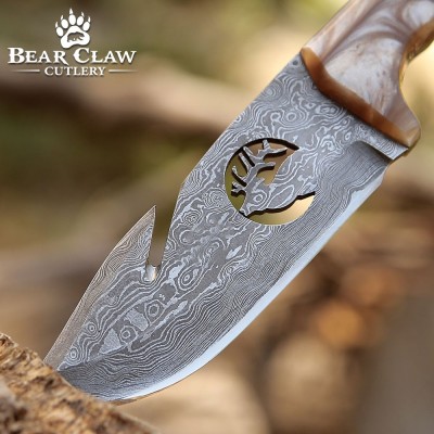 Fusion Gut Hook Hunting Knife | Damascus Steel & Pearl Handle