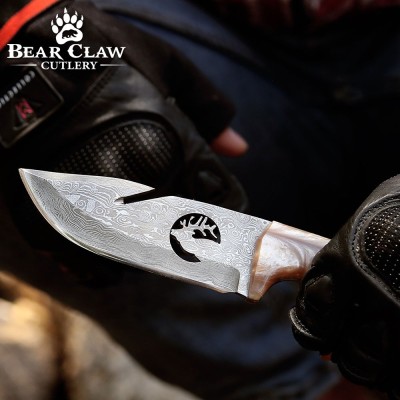 Fusion Gut Hook Hunting Knife | Damascus Steel & Pearl Handle