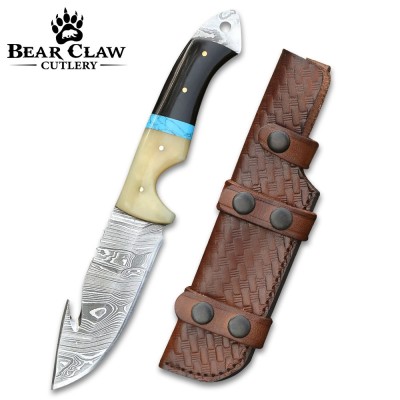 Synapse Damascus Hunting Knife | Gut Hook & Turquoise Handle