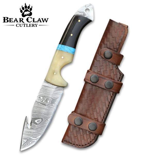 Synapse Damascus Hunting Knife with Gut Hook Horn & Turquoise Handle