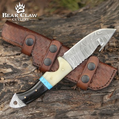 Synapse Damascus Hunting Knife | Gut Hook & Turquoise Handle