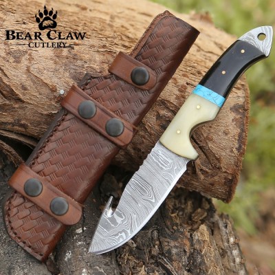 Synapse Damascus Hunting Knife | Gut Hook & Turquoise Handle