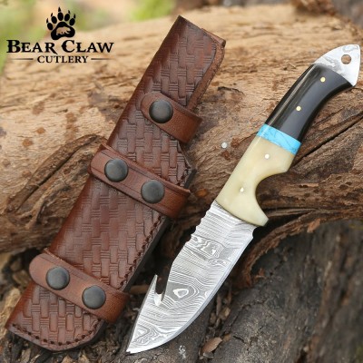 Synapse Damascus Hunting Knife | Gut Hook & Turquoise Handle