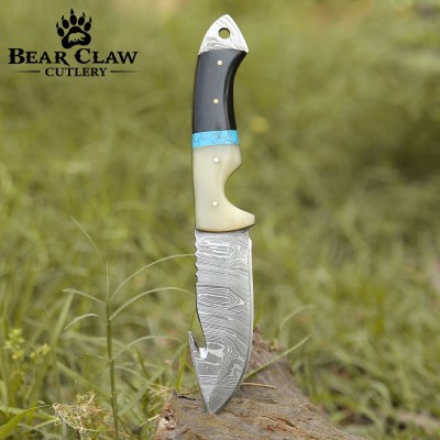 Synapse Damascus Hunting Knife | Gut Hook & Turquoise Handle