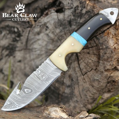 Synapse Damascus Hunting Knife | Gut Hook & Turquoise Handle