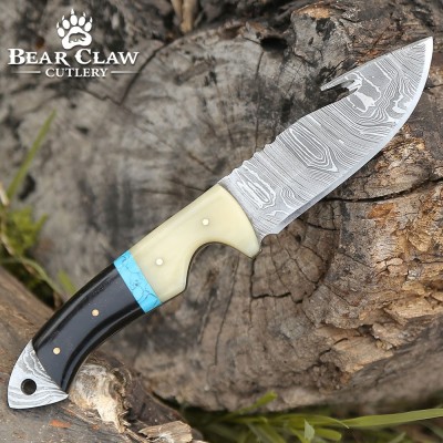 Synapse Damascus Hunting Knife | Gut Hook & Turquoise Handle