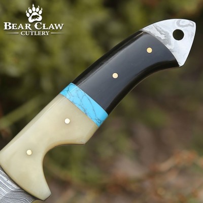 Synapse Damascus Hunting Knife | Gut Hook & Turquoise Handle