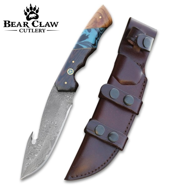 PrimalEdge Damascus Gut Hook Knife with Exotic Wenge Wood and Turquoise Handle